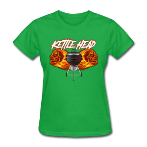 Women's Kettle Head Flaming Skull Shirt - bright green