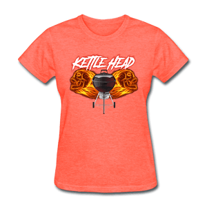 Women's Kettle Head Flaming Skull Shirt - heather coral